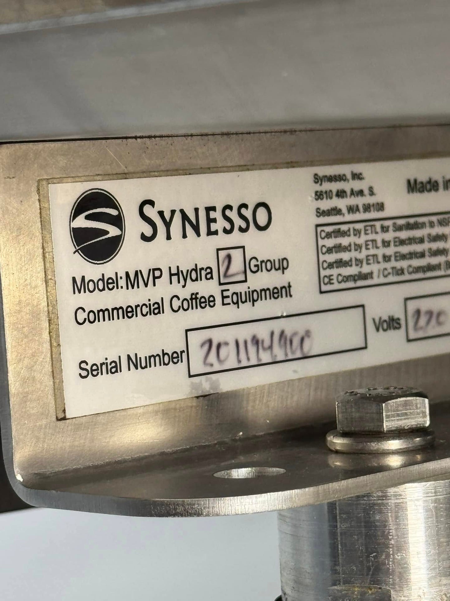 2019 Synesso MVP Hydra + Synesso Line Boost System. (3 Pumps)